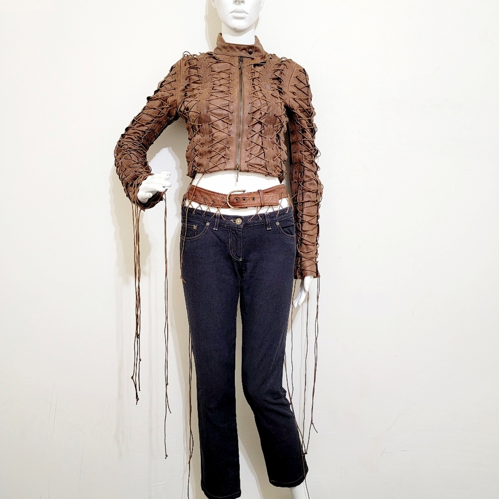 Alexander McQueen Leather Belted Lace Up Jeans